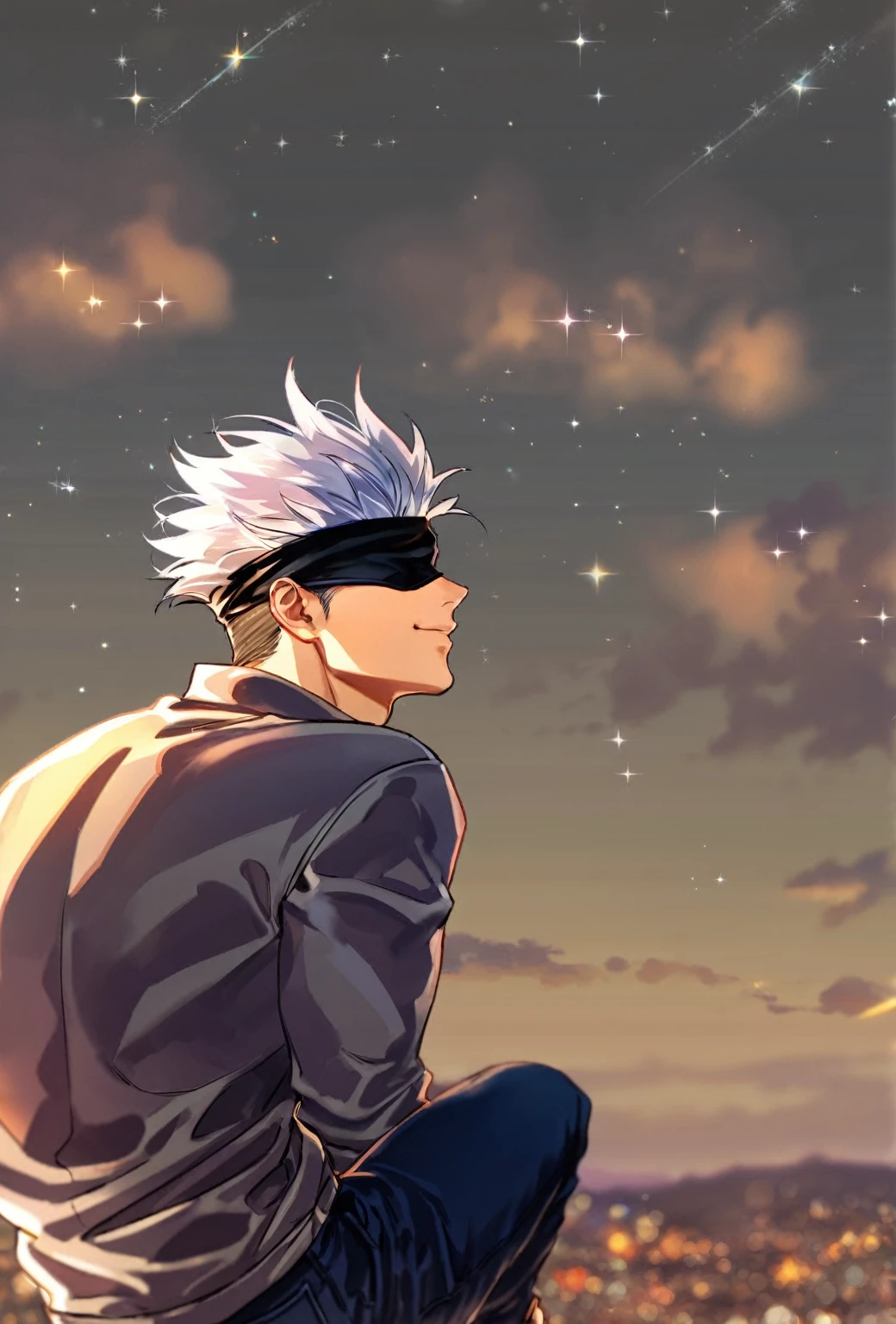 Ultra detailed, HDR, Highres, absurdres, masterpiece, best quality, solo focus, Gojou Satoru, white hair, black blindfold, covered eyes, sad smile, grey sweatshirt, jeans, Jujutsu Kaisen, sexy man, handsome, magical, fantasy, glittering, starry sky, night sky, handsome, sensual, solo, manly, man, looking at the sky, sitting, back shot view