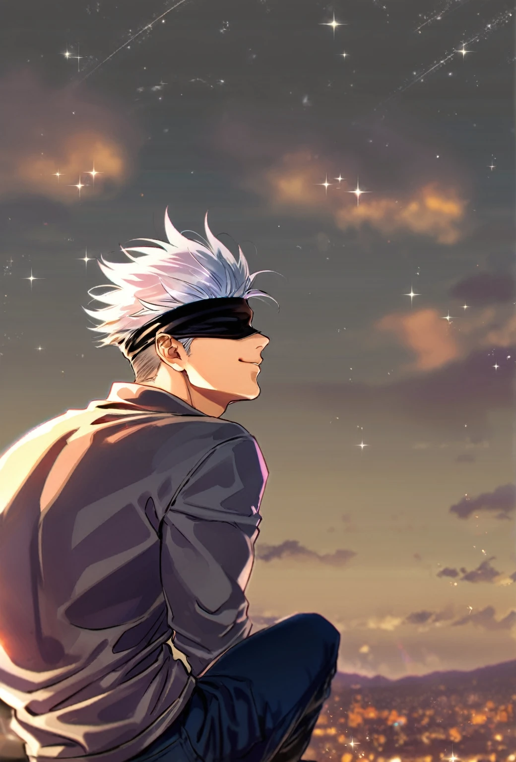 Ultra detailed, HDR, Highres, absurdres, masterpiece, best quality, solo focus, Gojou Satoru, white hair, black blindfold, covered eyes, sad smile, grey sweatshirt, jeans, Jujutsu Kaisen, sexy man, handsome, magical, fantasy, glittering, starry sky, night sky, handsome, sensual, solo, manly, man, looking at the sky, sitting, back shot view