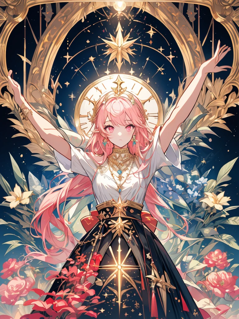 (masterpiece, ultra quality, official art, beautiful and aesthetic:1.2), (1girl), anatomically correct, colorful, ultra highres, unity 8k wallpaper, ultra detailed, pretty, (mandala), divine light, gold foil art, sparkling paintings, long pointy ears, pink eyes, pink hair, iridescent dress, jeweled necklace, view audience, portrait, tarotcard, (arms up, arms out of frame), praying to God,