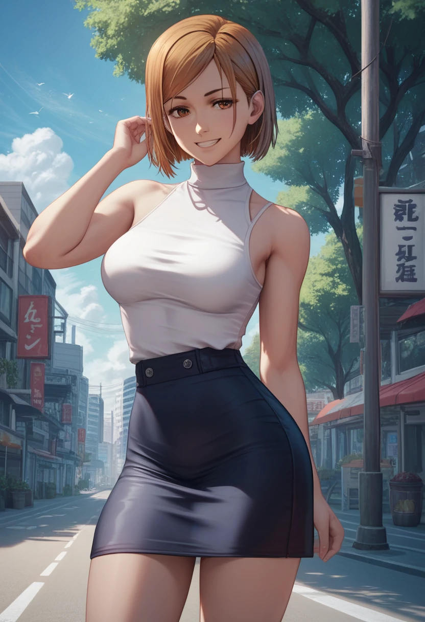 score_9, score_8_up, score_7_up,score_6_up, source_anime, solo, tree on the side of the road, 1girl, kugisaki nobara, smile, looking at viewer , white shirt, off-shoulder shirt, white tight sleeveless turtleneck, thigh-tight skirt, outdoors, city street, blue sky,4K,Detailed,4k highly detailed digital art,masterpiece,best quality,ligne claire,(cool_color),perfect composition,absurdres, {Highest quality}, {so beautiful}, {Very detailed}, {Best illustrations},{uncensored}