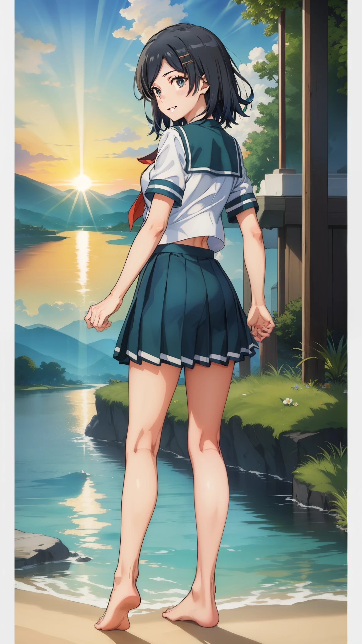 (masterpiece, best quality:1.2),
{Highest quality:1.5}, (masterpiece:1.3),illustration,8k,HD,Seaside,Sunset sky,1girl,solo,look back,Komachi Hikigaya, barefoot,(portrait:1.2),black_hair,short_hair,white seraph,sidelocks,smile,black_eyes,Sailor suit, Short sleeve_uniform, uniform,skirt,evening,Green uniform ribbon,