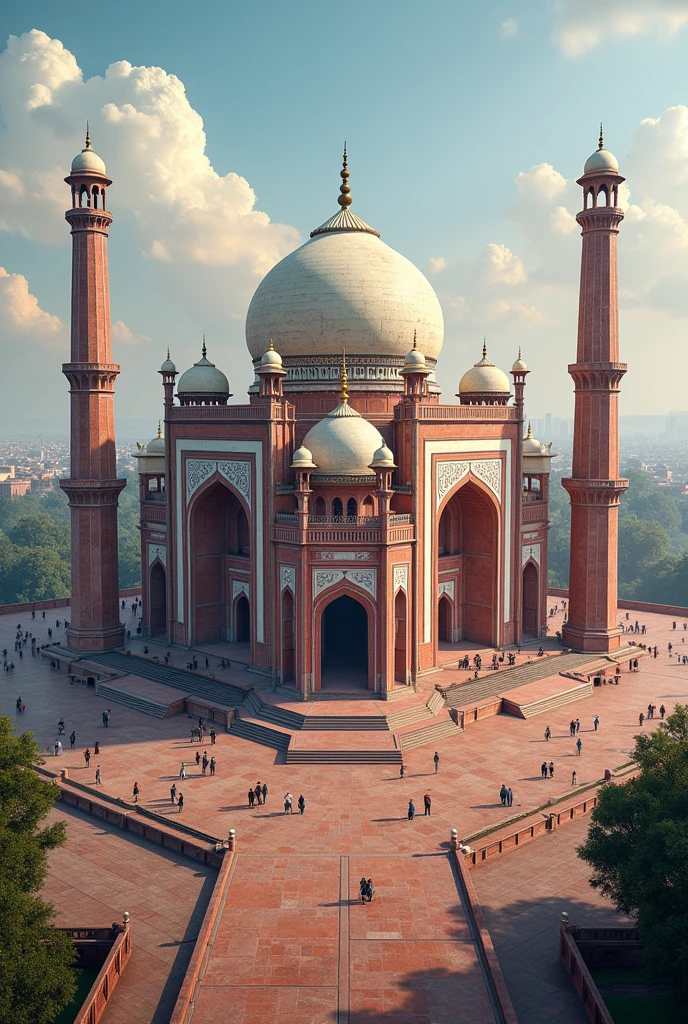 A grand shrine in Pakpattan, with a beautiful dome and minarets, surrounded by lush gardens and a crowd of devotees gathered outside."