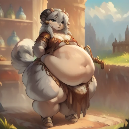 flat chest, massive hips, hyper thighs, hyper ass, femboy, staring lustfully, androgynous,((grey fur covering entire body)),((extremely long grey hair)), hair touching the ground, grey eyes, dirty brown raggedy louncloth,((masterpiece)), castle ruins background, cloudy, looking down at viewer lovingly, holding a wooden staff, beautiful facial features, full body,, standing, genitalia bulge,((massive grey furry tail covered in horn)),, dirty brown cloak,((extremely obese)), massive belly,((vore))