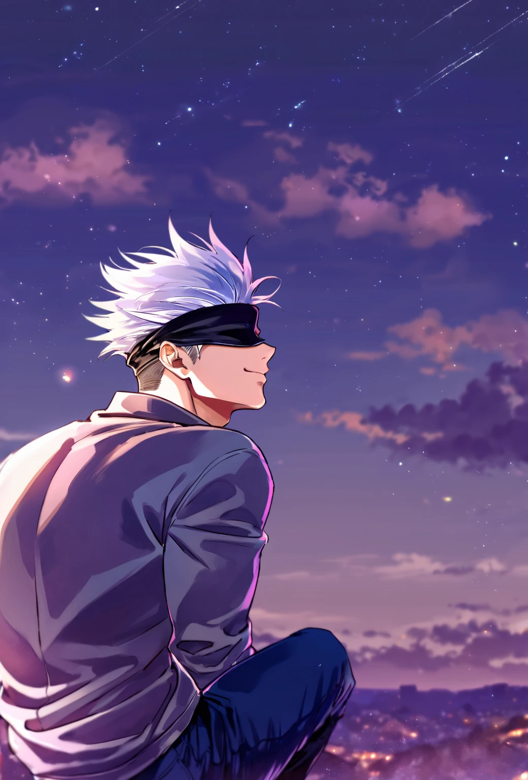 Ultra detailed, HDR, Highres, absurdres, masterpiece, best quality, solo focus, Gojou Satoru, white hair, black blindfold, covered eyes, sad smile, grey sweatshirt, jeans, Jujutsu Kaisen, sexy man, handsome, magical, fantasy, glittering, starry sky, night sky, handsome, sensual, solo, manly, man, looking at the sky, sitting, back shot view