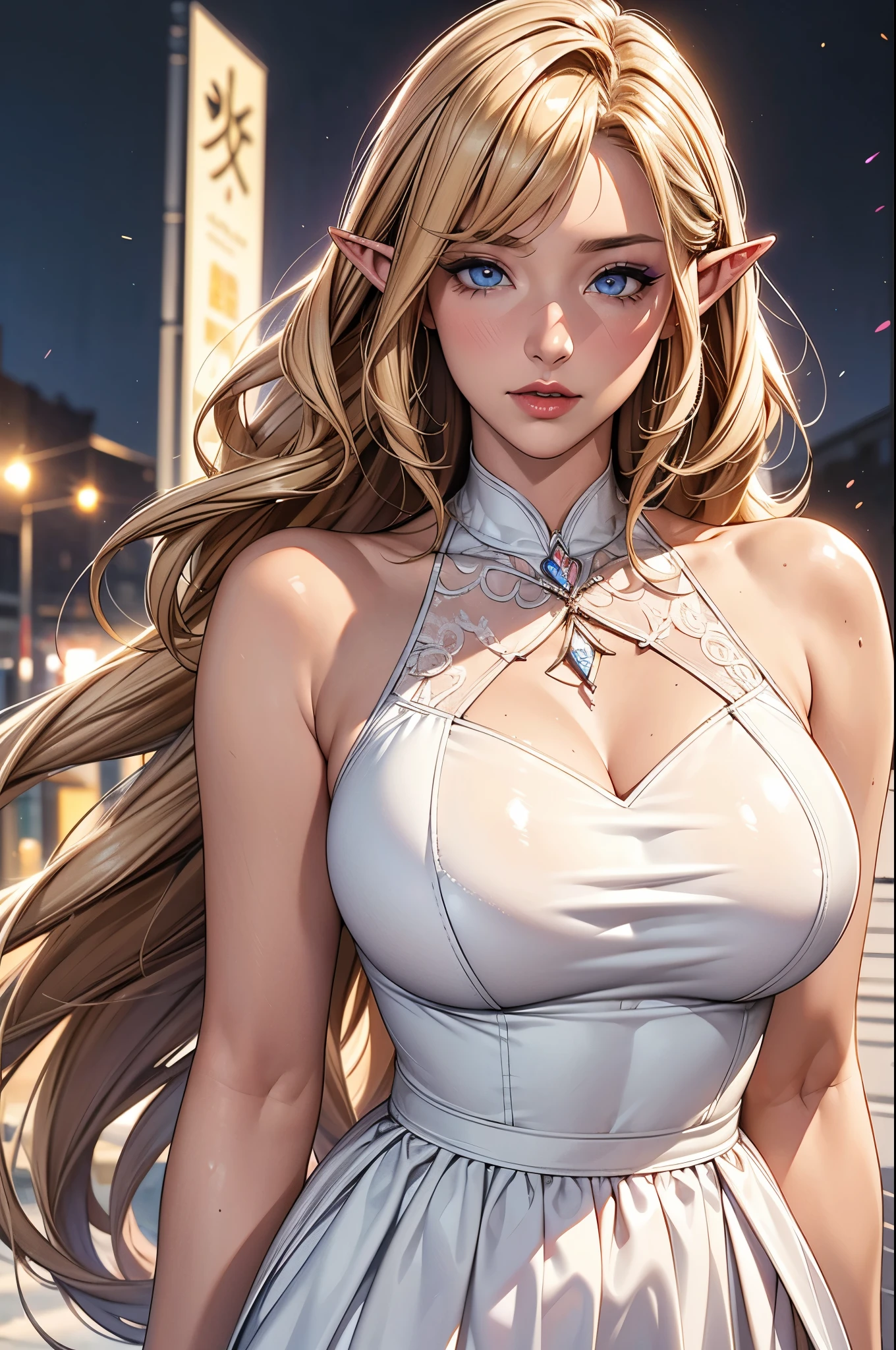 1 elf girl, one person solo, (beautiful elf lady in loving), (honey blonde hair), (absurdly long wavy hair), hair strand, long bangs, shiny hair, (symphony blue eyes), high-detailed and delicate eyes, (colourful eyes makeup, red lips), ultra detailed facial, upturned elf ears, porcelain skin, warm tone skin, little blush, whole body, extreme detailed, break, 
  Extra long pink white detailed classic dress, classic and simple clothing, (several heart swirl around the body), ( _give heart:1.4
), hands heart, break, 
  Walking on the street, in the cyberpunk future city, old street, starry night sky, meteor, cloud, neon, pink heart, detailed background, break, 
  Full body, photography art, shallow depth of field, 8K photo, chiaroscuro, sparkle, Volumetric lighting, Edge lighting, studio
 lighting, cinematic lighting, break,
  Loving theme anime illustration, (the art of crossover ancient with future sytle), realism anime, イーブイの絵, best quality, 8K quality, 8K detail, masterpiece, highres, CG unity, 