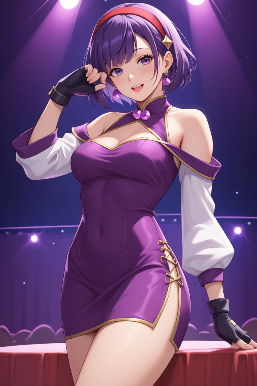 score_9_up, score_8_up, score_7_up,score_6_up, score_5_up, score_4_up , 1girl, solo, AthnaKOFXV, purple hair, purple eyes, short hair, red hairband,pearl (gemstone), off-shoulder, white sleeves, fingerless gloves, short china dress, thighs, happy, cute poses, cowboy shot, stage lights, concert, stage