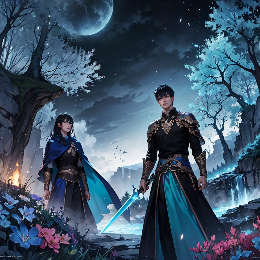 a young man in his twenties with beautiful detailed eyes, beautiful detailed lips, black hair and blue eyes, extremely detailed eyes and face, short eyelashes and short hair, cool pose, holding cyan spell in left hand and right hand holding a sword, a lot of cyan sparks around him, from a distance, colorful, vibrant, lush, volumetric lighting, contrast, depth of field, landscape painting, concept art, intricate tiny details, stylized, cloudy skies, moonlit night starry skies, fantasy, ancient kingdom city scenery, snow, waterfall, blooming trees, grass, flowers, Rocky Mountains and forest snow in the background, dead city, detailed character, intricate details, 2d digital art, cinematic lighting, moody atmosphere, dark fantasy, high contrast, vibrant colors, 4k, 8k, masterpiece, Day sky, focus on details, fullbody, perfect face, bright blue eyes, fantasy magic:1.4