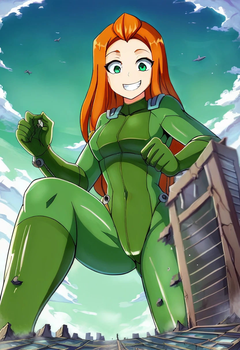 pov, sam, totally spies, standing, inside a train, pants pulled down, bare shoulders, green eyes, orange hair, blushing, fat man behind her, grabbing her hips, hand on mouth, sex, forced