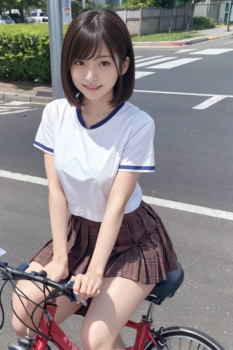 (Sitting astride a bicycle、Japanese high school girl waiting at a traffic light)、Short sleeve white shirt、Take the wheel、Her bra is visible through the cuffs of her short sleeves、Very short checkered pleated skirt、Dark brown bob hair、Medium Hair、Straight hair、smile、Stretching one&#39;s feet on the curb、Her long, Beautiful slender legs、Well-proportioned physique,、Wear loafers、A gentle breeze blows and flips my skirt、((I see your cotton panties.))、Rear view at the intersection、(((Angle from below)))、Beautiful blue sky and white clouds、(Highest quality, masterpiece, High resolution)、8k、wallpaper、Her short skirt is rolled up, Panties exposed