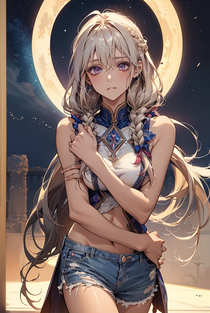 ((masterpiece)), ((Best quality)), (high resolution), (illustration), (an extremely delicate and beautiful), (ultra detailed beautiful face and eyes), nsfw,   1girl, leaning forward,  YukineChris, long hair, purple eyes, twintails, low twintails, ahoge, large breasts,volumetric lightning, moon night,knight_armor
detailed skin texture, detailed, volumetric shadow, anime screencap,Highest quality, Sorceress, ancient lonian nobility, ((tan skin:1.2)), (brown skin color),Long hair, twin braids, hair ornament, wine colored hair, smile, Below average size breasts, bare shoulders, Leg spread、Groin、Yukine Chris、Wet condition
nude、Wet_shirt,Wet _underwear、tear_underwear
8K, masterpiece, Best_quality, high_resolution, ultra_details, detailed, 1girl, 独奏, looking_at_viewer, upper_body, braid, bangs, white_hair, hair_ribbon, hair_between_eyes, blue shorts、style(open_reg,hip_up)

sidelocks,depth_of_field,french_braid, sharp focus, perfect hands, perfect face, perfect eyes, perfect light, dynamic light, natural light, Masterpiece, Best quality, Cang、green、moon、