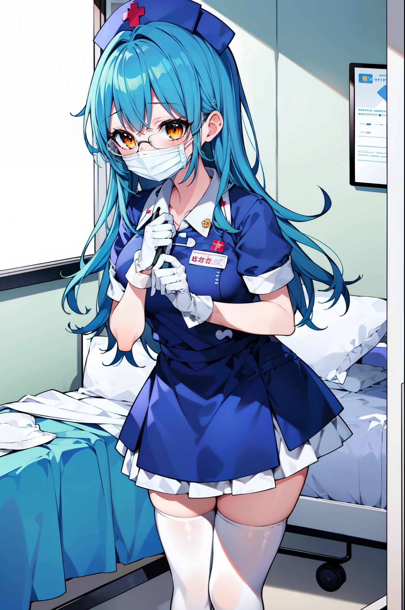 1girl, solo, nurse, nurse cap, white nurse uniform, ((white legwear, zettai ryouiki)), white gloves, glasses, blue hair, orange eyes, ((white surgical mask, covered nose)), standing, ((hospital room)), sharp outline, short sleeves, best quality, masterpiece