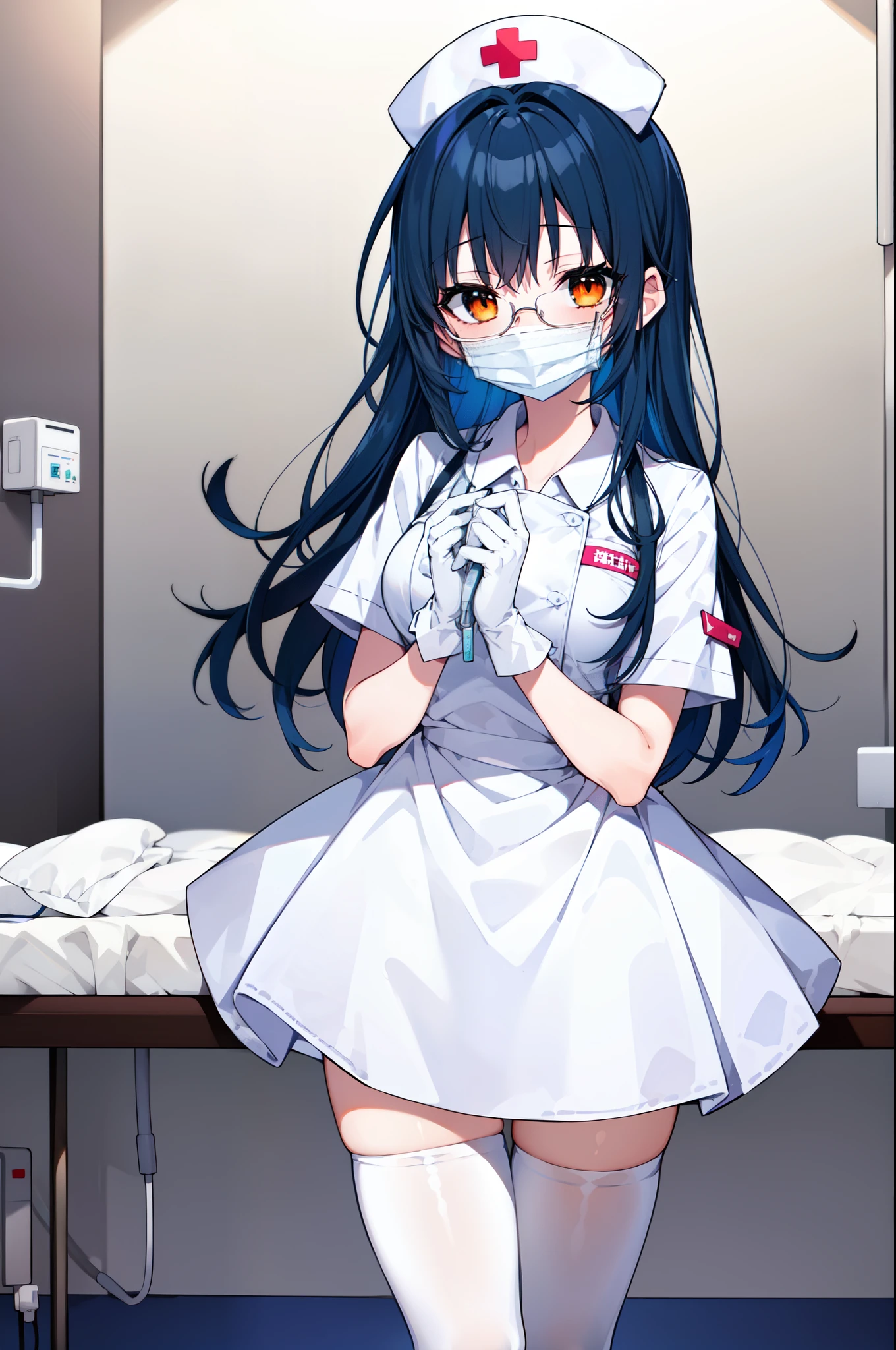 1girl, solo, nurse, nurse cap, white nurse uniform, ((white legwear, zettai ryouiki)), white gloves, glasses, blue hair, orange eyes, ((white surgical mask, covered nose)), standing, ((hospital room)), sharp outline, short sleeves, best quality, masterpiece