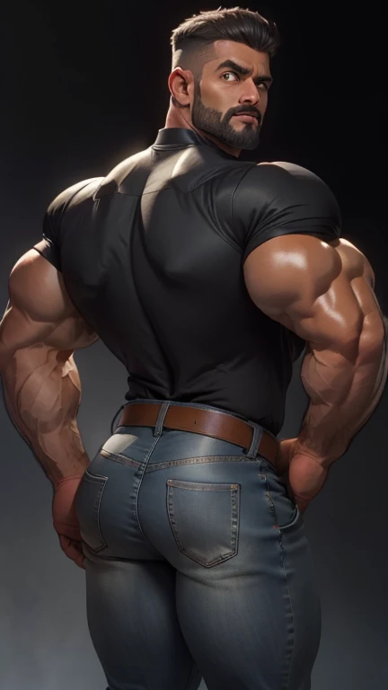 30 years old masterpiece, Best Quality, ultra detailed, 1 man, mature male, muscular, piece, Only, sportsman, beef, negro skin, negro, tanned skin, latino, 3, negro hair, gray fur, goatee, too short hair, looking at the viewer, serious expression, Gray shirt, half body shot, science fiction background, jeans backside backside 