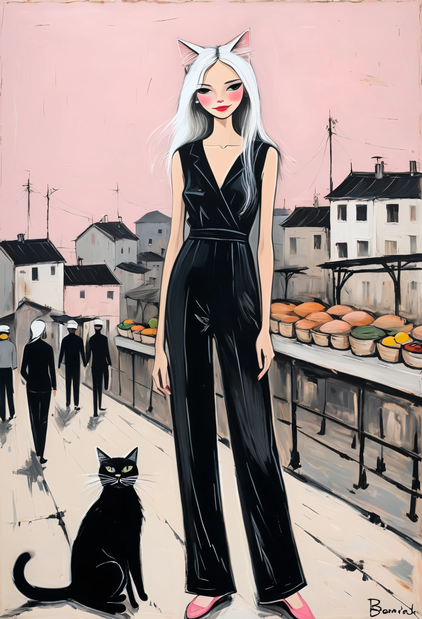 in style of Bernard Buffet-【Famine style】-
((best quality)), illustration, hairy, cat, Animal ears, Tail, black jumpsuit, 1 girl, whole body, 1 girl, alone, long hair, white hair, ,pink eyes, looking at the audience, Smile,Large Breasts,Perfect body