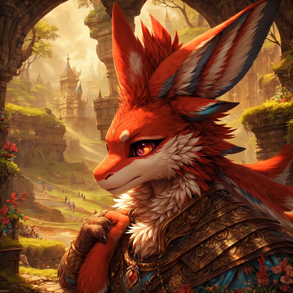 (avali), (red body, white details), furry, anthropomorphic, fantasy background, Anatomically correct, Detailed, Detailed face, Detailed eyes, (Realistic fur, Detailed fur:1.25), Detailed background, amazing background, masterpiece, (detailed fur), ((cartoon))