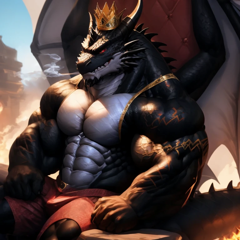 a muscular anthro dragon man with red and black scales, perfect anatomy, wide shoulders, exposed chest, sitting on a throne, wearing a crown, with arrogant expression, flames and smoke coming from his mouth, (best quality,4k,8k,highres,masterpiece:1.2),ultra-detailed,(realistic,photorealistic,photo-realistic:1.37),detailed eyes,red eyes,1 anthro dragon man,solo,muscular,abs,strong build,wide shoulders,perfect anatomy,no missing fingers,red and black scales,exposed chest,wearing a crown,sitting on a throne,arrogant look,flames and smoke from mouth,e621