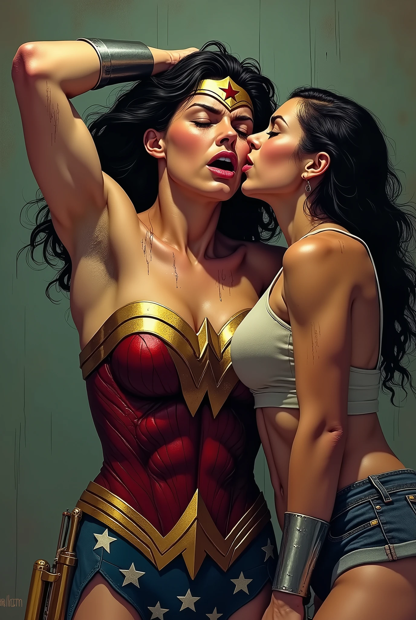 Wonder Woman kissing Bayonetta on bed wet