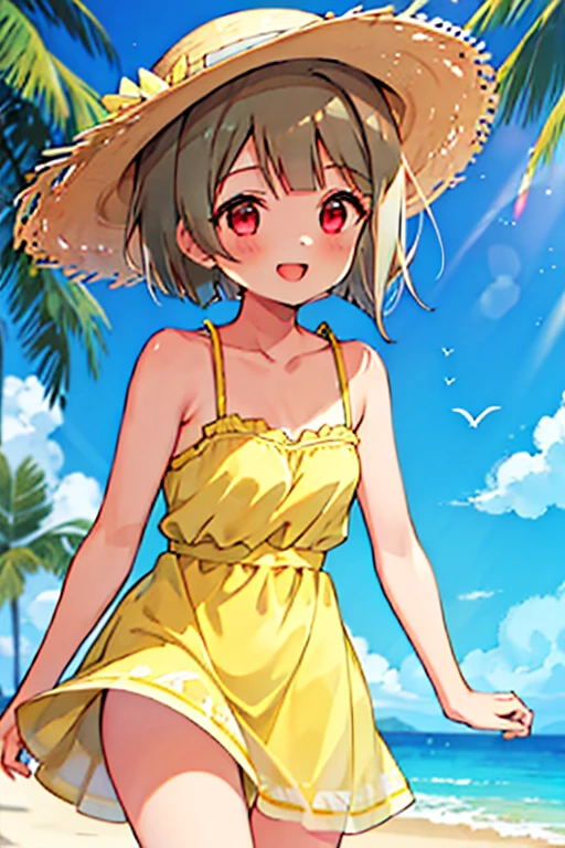 One Girl, Cowboy Shot, High resolution, smile, Highest quality, masterpiece, Tanned hair，Bobcut，short hair，ワンレングスBobcut，Asymmetrical hair，Long left bangs，Red Eye,nakasu kasumi，Yellow camisole dress，Outdoor，A modest-sized chest，Straw hat