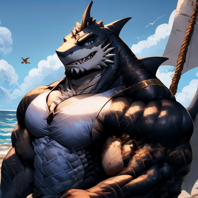 a muscular anthro shark man with blue and white scales, perfect anatomy, wearing a pirate outfit with a v-neck exposing his chest, one eye, winking at the camera with a cheeky smile, wearing an eye patch and having scars all over, in a flying pirate ship