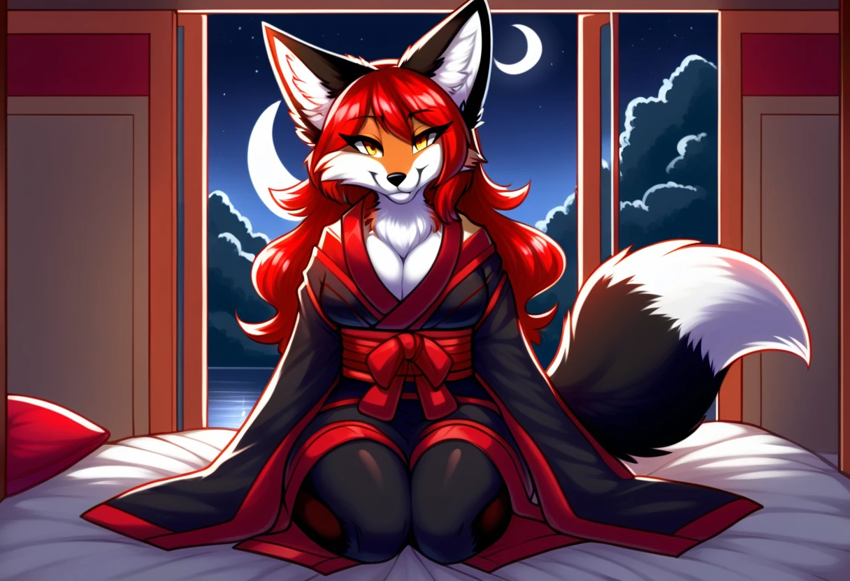 score_9, score_8_up, score_7_up, score_6_up, score_5_up, score_4_up, (solo), female anthro black kitsune, solo, masterpiece, best art, detailed hands, japanese garden, night, red moon, skirt, topless, black fur, multiple tails, lustful looking at viewer, hand on head, hair, sexy,