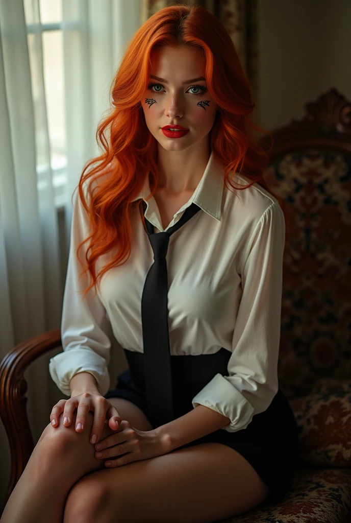 Beuty women with a sexy shirt, big breast, using red blossom mouth, blue eyes, short red hair