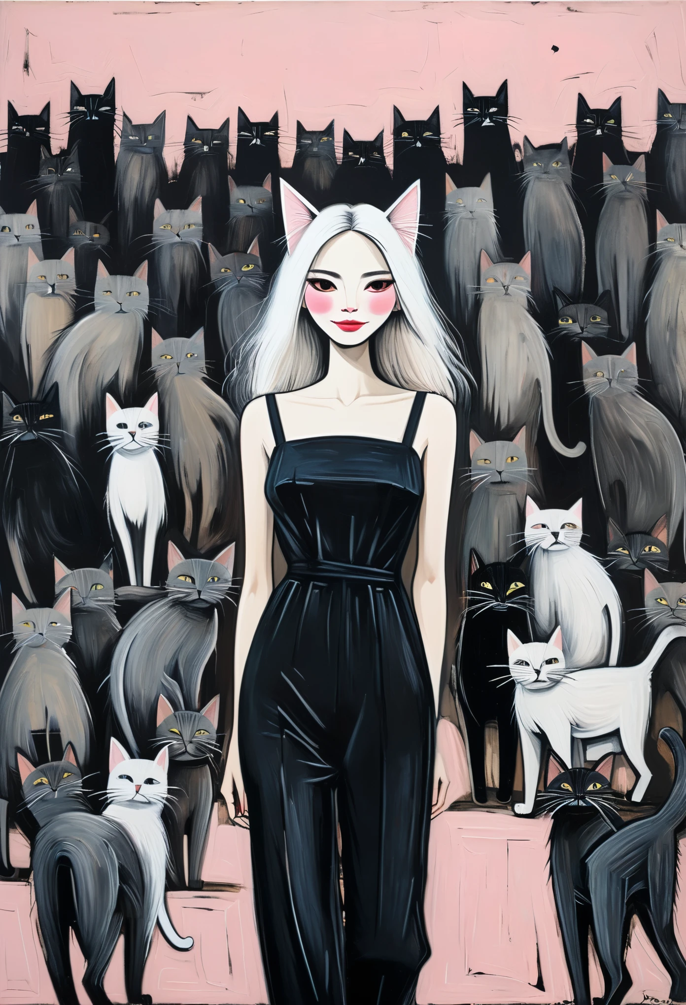 in style of Bernard Buffet-【Famine style】-
((best quality)), illustration, hairy, cat, Animal ears, Tail, black jumpsuit, 1 girl, whole body, 1 girl, alone, long hair, white hair, ,pink eyes, looking at the audience, Smile,Large Breasts,Perfect body