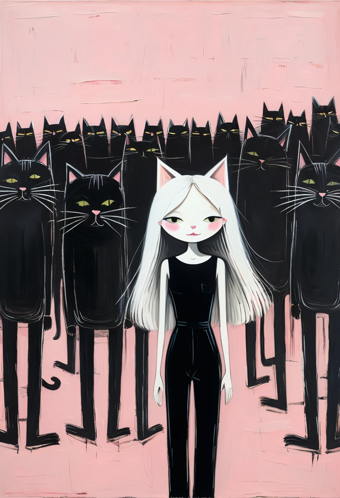 in style of Bernard Buffet-【Famine style】-
((best quality)), illustration, hairy, cat, Animal ears, Tail, black jumpsuit, 1 girl, whole body, 1 girl, alone, long hair, white hair, ,pink eyes, looking at the audience, Smile,Large Breasts,Perfect body