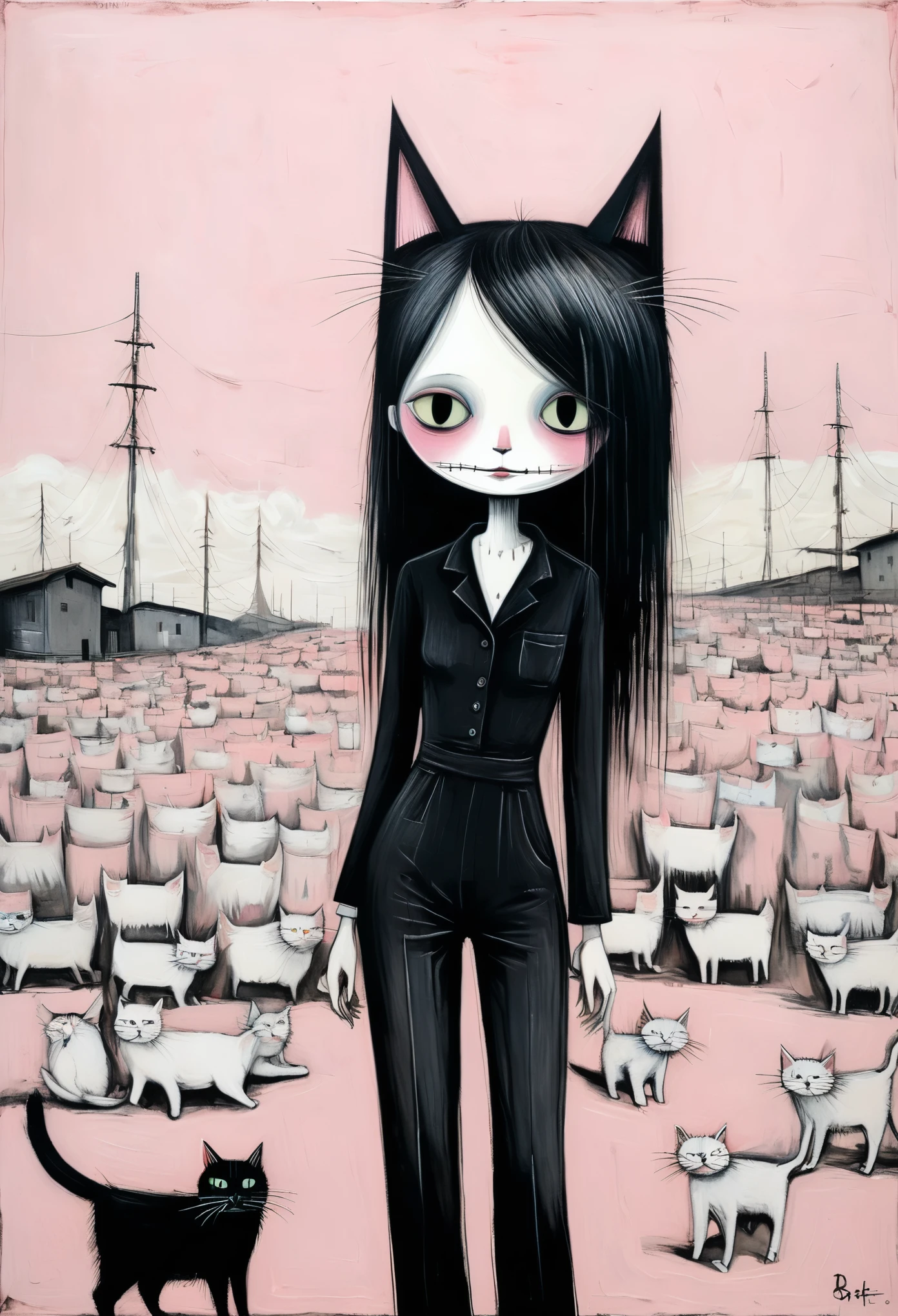 in style of Bernard Buffet-【Famine style】-,in style of Santiago Caruso
((best quality)), illustration, hairy, cat, Animal ears, Tail, black jumpsuit, 1 girl, whole body, 1 girl, alone, long hair, white hair, ,pink eyes, looking at the audience, Smile,Large Breasts,Perfect body