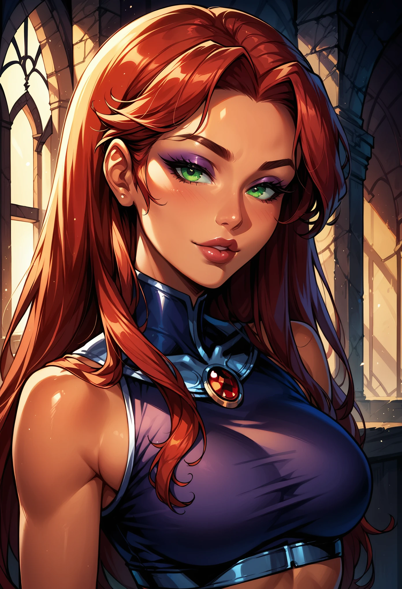 Dark Fantasy Art of score_9, score_8_up, score_7_up, rating_questionable, fantasy, lighting, epiCPhoto 1girl, very sexy Starfire from Teen Titans, red hair, green eyes, crop top, solo, cute, flirt, gaze, sexy look, half-closed eyes, head tilt, filled lips, thick lips, makeup, face portrait, modelling shoot, sexy pose, fantasy palace setting, dark, moody, dark fantasy style