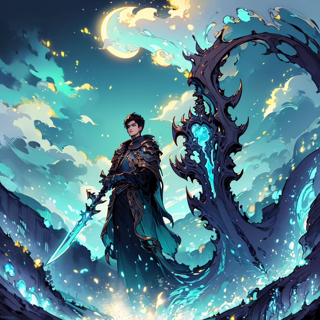 a young man in his twenties with beautiful detailed eyes, beautiful detailed lips, black hair and blue eyes, extremely detailed eyes and face, short eyelashes and short hair, cool pose, holding cyan spell in left hand and right hand holding a sword, a lot of cyan sparks around him, from a distance, colorful, vibrant, lush, volumetric lighting, contrast, depth of field, landscape painting, concept art, intricate tiny details, stylized, cloudy skies, moonlit night starry skies, fantasy, ancient kingdom city scenery, snow, waterfall, blooming trees, grass, flowers, Rocky Mountains and forest snow in the background, dead city, detailed character, intricate details, 2d digital art, cinematic lighting, moody atmosphere, dark fantasy, high contrast, vibrant colors, (best quality,4k,8k,highres,masterpiece:1.2),ultra-detailed,(realistic,photorealistic,photo-realistic:1.37), Day sky, focus on details, fullbody, perfect face, bright blue eyes, fantasy magic:1.4