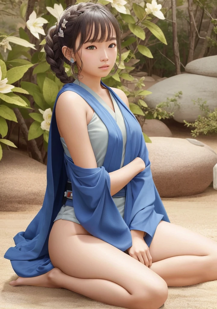 (Jedi meditation:1.3), serene photo,1girl, Jedi master in deep meditation,  in jedioutfit, sitting cross-legged,  (desert oasis:1.1), surrounded by blooming desert flowers, harmonizing with the Force, spiritual retreat, transcendent tranquility, desert enlightenment,  Absurdres, hdr, ultra detailed illustration, extremely detailed face, RAW photo, film grain, skin pores, trending on deviantart