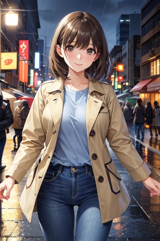 anegasaki nene、Shiny brown hair, short hair, (Beautiful brown eyes、Sparkling eyes, Fine grain)、smile、Ultra-detailed eyes、非常にDetailed face, Very detailed目,Cowboy Shot、



(Highest quality:1.4),  supposition,break,

One girl,City of night,rain,coat,Denim pants、ポケットに手を入れる
 
break, (masterpiece, Highest quality, Very detailed, Detailed face, 8k)