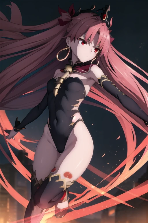 Ereshkigal, Ereshkigal, Money髪, Earrings, hair bow, hoop Earrings, jewelry, Long Hair, Parted bangs, (Red eyes:1.5), Both sides up, break anklet, Asymmetrical legwear, Asymmetric sleeves, Black legwear, black leotard, Black nails, bow, Crown, Money, Money trim, leotard, Manicure, purple bow, One Sleeve, シングルKnee socks, skull, Spine, Knee socks, Mismatched legwear, Sleeves are uneven, Yellow footwear, break outdoors, city, break looking at viewer, break (masterpiece:1.2), Highest quality, High resolution, unity 8k wallpaper, (figure:0.8), (Beautiful attention to detail:1.6), Highly detailed face, Perfect lighting, Highly detailed CG, (Perfect hands, Perfect Anatomy),