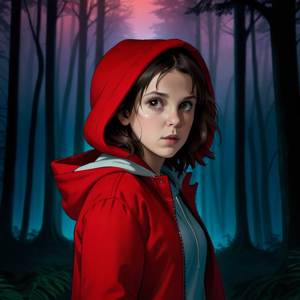 milli3 woman, millie bobby brown, 1 girl wearing red jacket and hood, Netflix, stranger things eleven, in a dark forest, front view