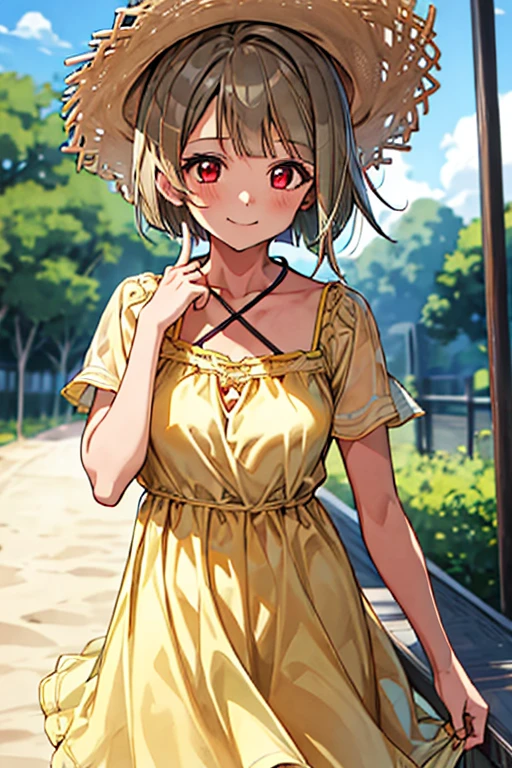 One Girl, Cowboy Shot, High resolution, smile, Highest quality, masterpiece, Tanned hair，Bobcut，short hair，ワンレングスBobcut，Asymmetrical hair，Long left bangs，Red Eye,nakasu kasumi，Yellow camisole dress，Outdoor，A modest-sized chest，Straw hat