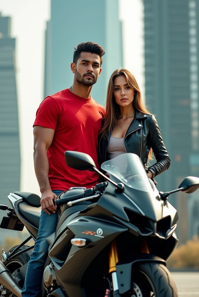 Black haired fit man without beard on a yamahaR6 motorbike talking to a girl with long brown hair