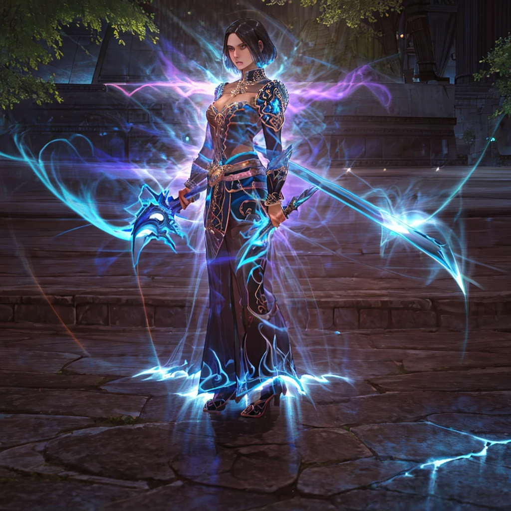 a young man in his twenties with beautiful detailed eyes, beautiful detailed lips, black hair and blue eyes, extremely detailed eyes and face, short eyelashes and short hair, cool pose, holding cyan spell in left hand and right hand holding a sword, a lot of cyan sparks around him, from a distance, colorful, vibrant, lush, volumetric lighting, contrast, depth of field, landscape painting, concept art, intricate tiny details, stylized, cloudy skies, moonlit night starry skies, fantasy, ancient kingdom city scenery, snow, waterfall, blooming trees, grass, flowers, Rocky Mountains and forest snow in the background, dead city, detailed character, intricate details, 2d digital art, cinematic lighting, moody atmosphere, dark fantasy, high contrast, vibrant colors, (best quality,4k,8k,highres,masterpiece:1.2),ultra-detailed,(realistic,photorealistic,photo-realistic:1.37), Day sky, focus on details, fullbody, perfect face, bright blue eyes, fantasy magic:1.4