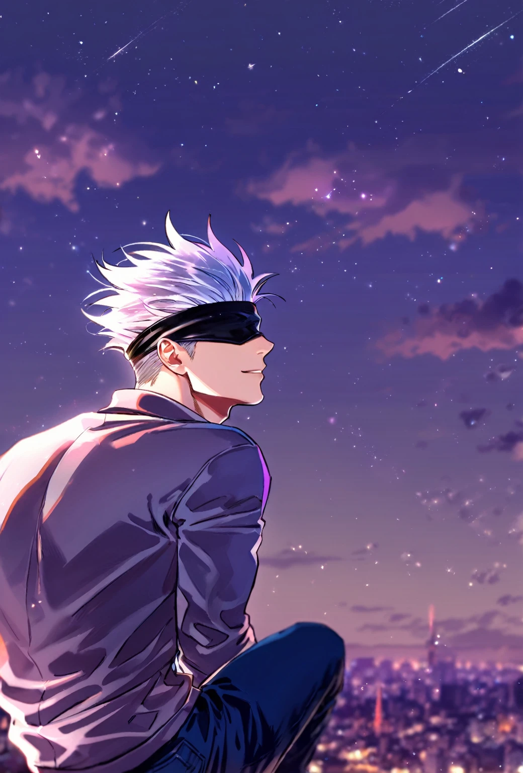 Ultra detailed, HDR, Highres, absurdres, masterpiece, best quality, solo focus, Gojou Satoru, white hair, black blindfold, covered eyes, sad smile, grey sweatshirt, jeans, Jujutsu Kaisen, sexy man, handsome, magical, fantasy, glittering, starry sky, night sky, Tokyo, handsome, sensual, solo, manly, man, looking at the sky, sitting, back shot view