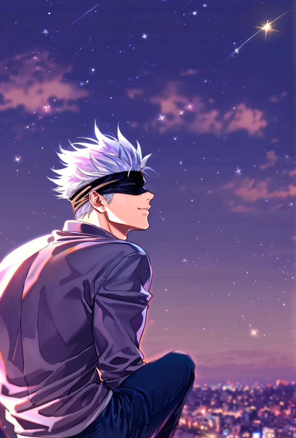 Ultra detailed, HDR, Highres, absurdres, masterpiece, best quality, solo focus, Gojou Satoru, white hair, black blindfold, covered eyes, sad smile, grey sweatshirt, jeans, Jujutsu Kaisen, sexy man, handsome, magical, fantasy, glittering, starry sky, night sky, Tokyo, handsome, sensual, solo, manly, man, looking at the sky, sitting, back shot view