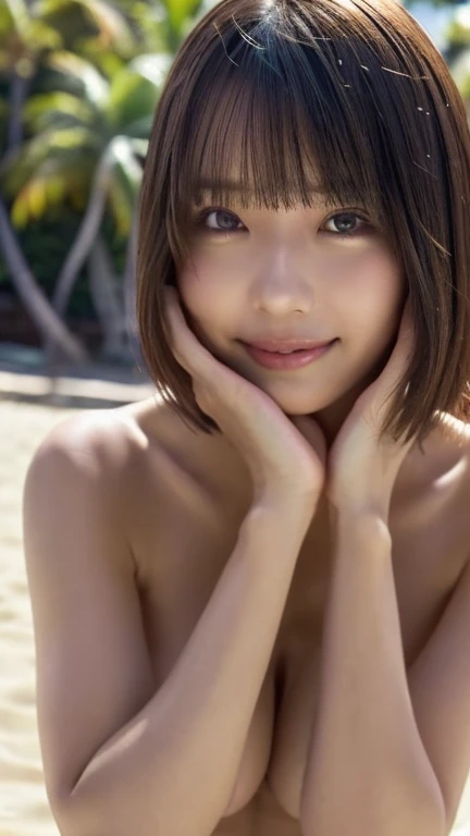 ((Highest image quality、、masterpiece：1.3))、image quality：1.2、Beautiful woman with amazing style：1.4、Slim Abs：1.2、((Brown Hair、Large Breasts：1.2))、(Natural soft light、Palm Tree Landscape:1.1)、Highly detailed face and skin texture、Beautiful Eyes、double eyelid、(((Place your hands behind your head))),(((Completely naked))),(((Crouch down facing forward))),Sexy Secretary、smile、Large Breasts、Large Breastsの谷間に注目、Waikiki Beach in Everlasting Summer、