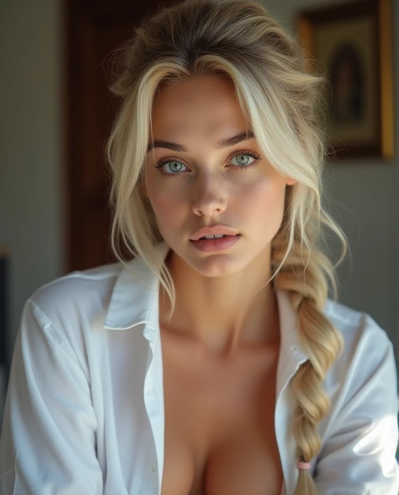 THE MOST BEAUTIFUL 14 YO IN THE WORLD, SHE IS NORWAY JUST GETTING OUT OF THE SHOWER, HER HAIR IS STILL DAMP AND HAS DROPS OF WATER. HER HAIR IS BLONDE AND IS IN A FRENCH TWIST BRAID ON TOP OF HER HEAD COMING LOOSE AND STARTING TO FALL DOWN, HER CHEST AND CLEAVAGE IS VISIBLE WITH DROPS OF WATER STILL GLISTENING ON HER CHEST. THE VIEWER CAN NOT SEE HER MAGNIFICENT HUGE SIZE BREASTS WHICH ARE ROUND AND STAND FIRM. HER NIPPLES ARE PROTRUDING THROUGH THE SILK ROBE AND ARE ROCK HARD SHE IS WEARING A VERY SHORT BLACK SILK ROBE HAS FLOWER PATTERN WHICH IS OPEN IN THE FRONT SO YOU CAN SEE HER CHEST AND HER DETAILED CLEAVAGE. (((THE ROBE IS BARELY COVERING THE BREASTS AND NIPPLES SO GET A GOOD VIEW OF HER CLEAVAGE ALL THE WAY DOWN TO HER WAIST))), VIEW OF HER FROM THE WAIST UP LOOKING AT THE CAMERA, SHE HAS A CUTE SMILE WITH FULL RED LIPS AND HER MOUTH IS SLIGHTLY OPEN SHOWING HER TEETH, SHE HAS STUNNING EYES THAT WILL LOOK INTO YOUR SOUL, THEY ARE BLUE, HER EYEBROWS ARE FULL