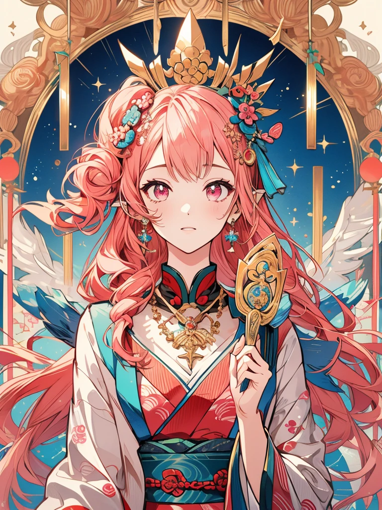 (masterpiece, ultra quality, official art, beautiful and aesthetic:1.2), (1girl), anatomically correct, colorful, ultra highres, unity 8k wallpaper, ultra detailed, pretty, (mandala), divine light, gold foil art, sparkling paintings, long pointy ears, pink eyes, pink hair, iridescent dress, jeweled necklace, view audience, portrait, tarotcard, (arms up, arms out of frame), praying to God, Ukiyo-e,