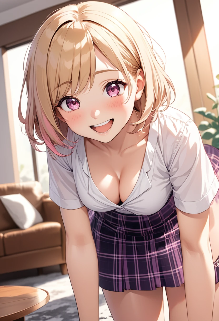 detailed illustration, dynamic angle, ultra-detailed, illustration, 1girl, short blonde hair, bright pink eyes, white blouse, medium breasts, cleavage, purple plaid skirt, leaning forward, living room, happy, eager, innocent, blush, flush, horny, delighted