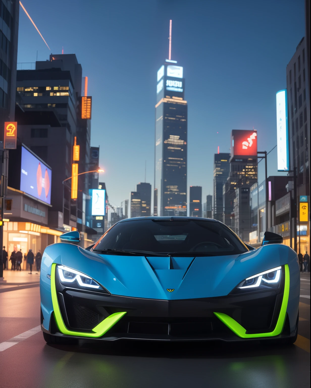A hyperrealistic, professional photograph of a futuristic supercar with vibrant, bold colors like electric blue or neon green, set in a futuristic city street during the late afternoon. The car has a sleek, aerodynamic design with sharp lines and glowing accents, reflecting the soft, golden light of the setting sun. The background features a bustling cityscape with towering skyscrapers and flying cars zooming through the sky, blending advanced technology with urban elements. The street is filled with glowing signs and holographic displays, giving the entire scene a futuristic yet vibrant atmosphere. Every detail of the supercar, from the polished surface to the intricate lighting, is captured with perfect precision and realism.",
