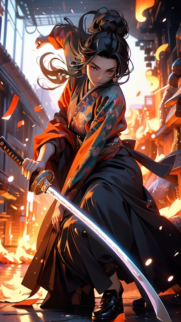 ((masterpiece)),  (high quality), 1 Female, A painting of a woman wearing a kimono and holding a sword, She has long black hair, She has a sword, Dynamically brandishing the sword、Full of energy,Maid, Samurai, Black-haired wizard