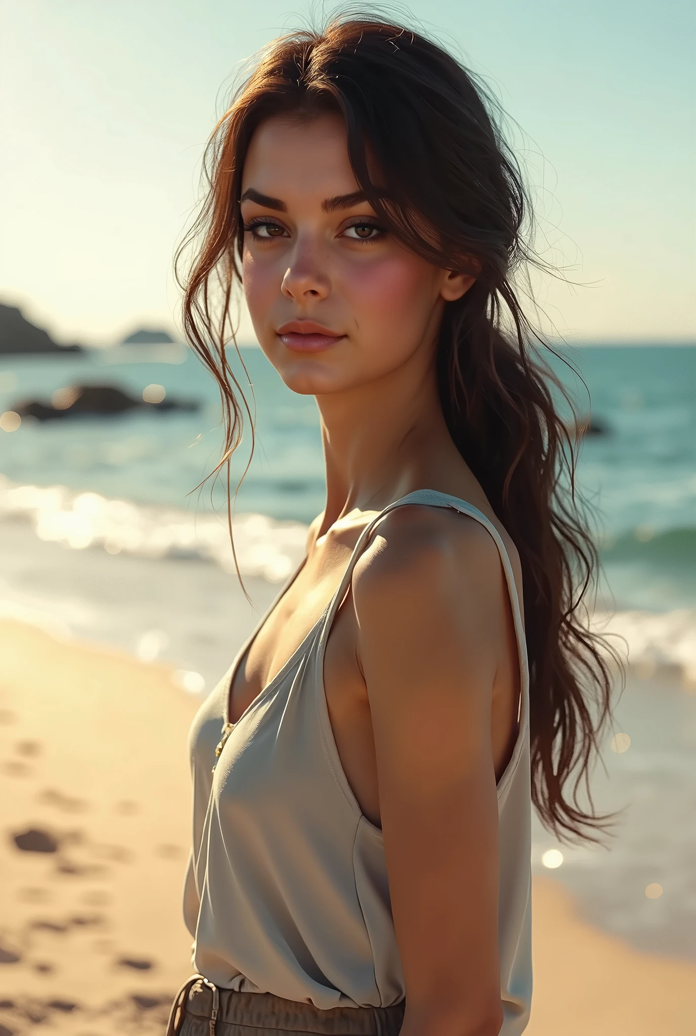 (best quality,4k,8k,highres,masterpiece:1.2), ultra-detailed, realistic, photorealistic:1.37, beautiful detailed eyes, beautiful detailed lips, joyful expression, extremely detailed face, long eyelashes, intimate view, slender, soft lighting, vibrant colors, sensual atmosphere, intimate moment, timid expression, perky, ponytail hairstyle, black hair, blue eyes, flawless skin texture, gentle breeze, slight smile, oversized t-shirt, on a beach, sunset