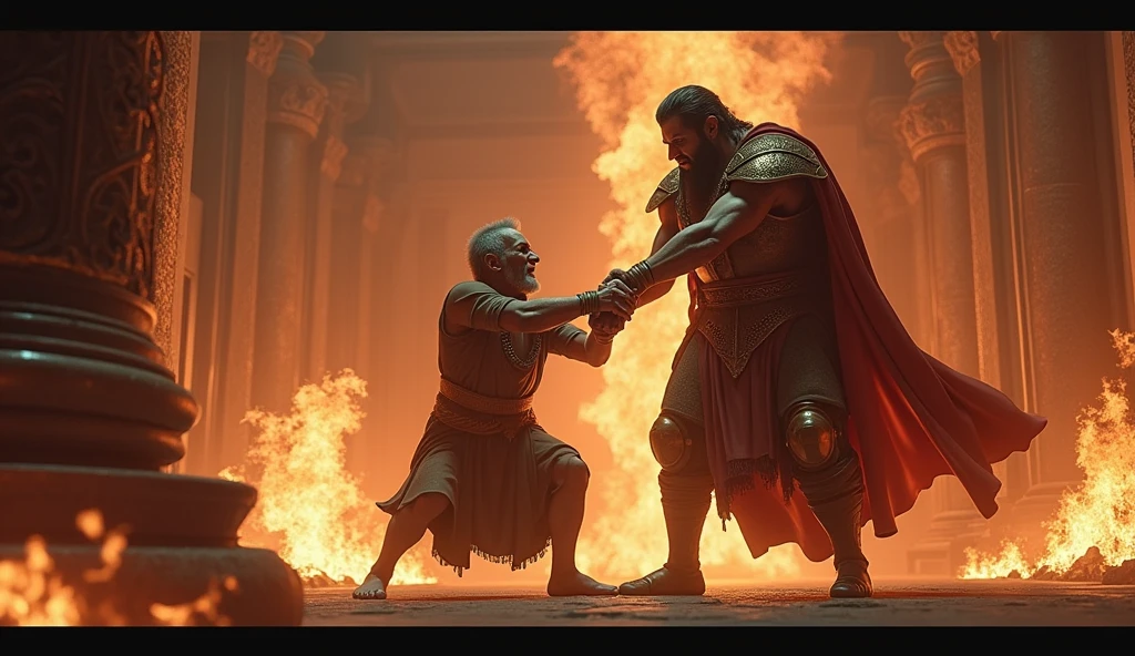 a fat black man with iron gauntlets, fighting an old man, cinematic lighting, dramatic action pose, highly detailed, unreal engine, octane render, volumetric lighting, epic fantasy, dark and gritty, chiaroscuro lighting, moody atmosphere, dynamic composition, heroic, (best quality,4k,8k,highres,masterpiece:1.2),ultra-detailed,(realistic,photorealistic,photo-realistic:1.37)