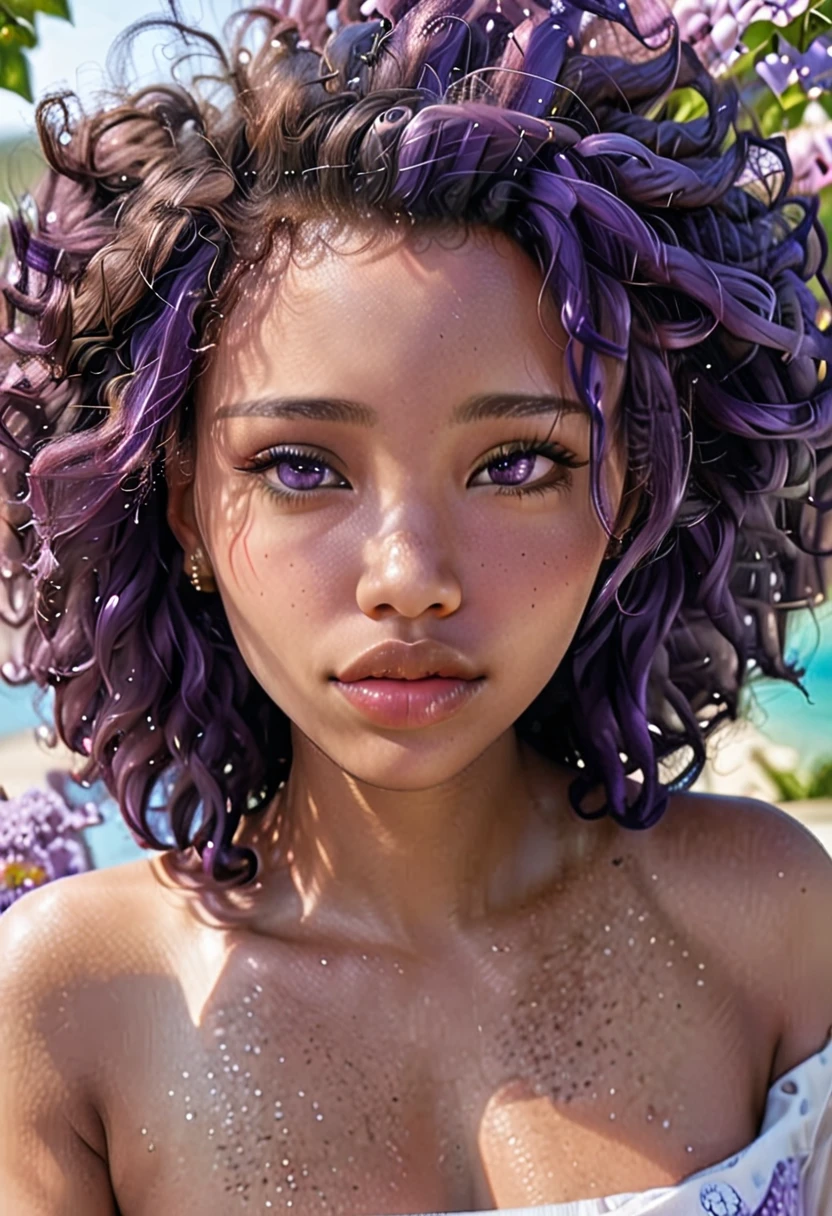 zydG, 1 girl, skin detailed, gazing at viewer, eyes browns, (afro hair with purple colored curls:3.2), (breasts big:1.0), (medium areolas:0.8), 
(photorrealistic:3.4), (best qualityer:6.0), (ultra high resolution:4.0), 8k, foto RAW, (Masterpiece artwork:8.2),(character full body:4.2)