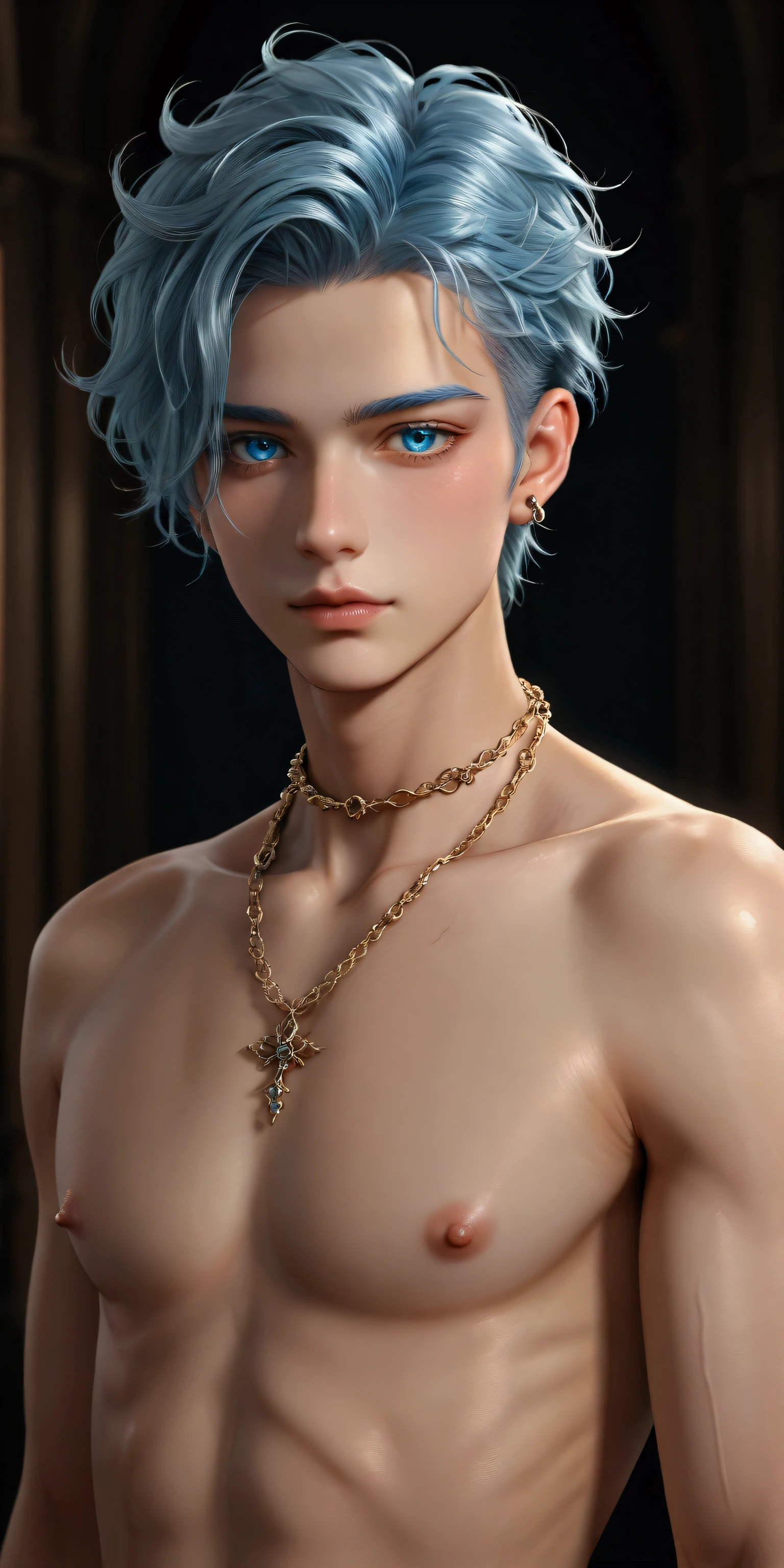 beautiful and skelt young anime man blue eye blond hair half body shot flowers in the background, twink, piercing, neck chain, sharp blue eye, naked body, niple piercing, erected niples, half body,