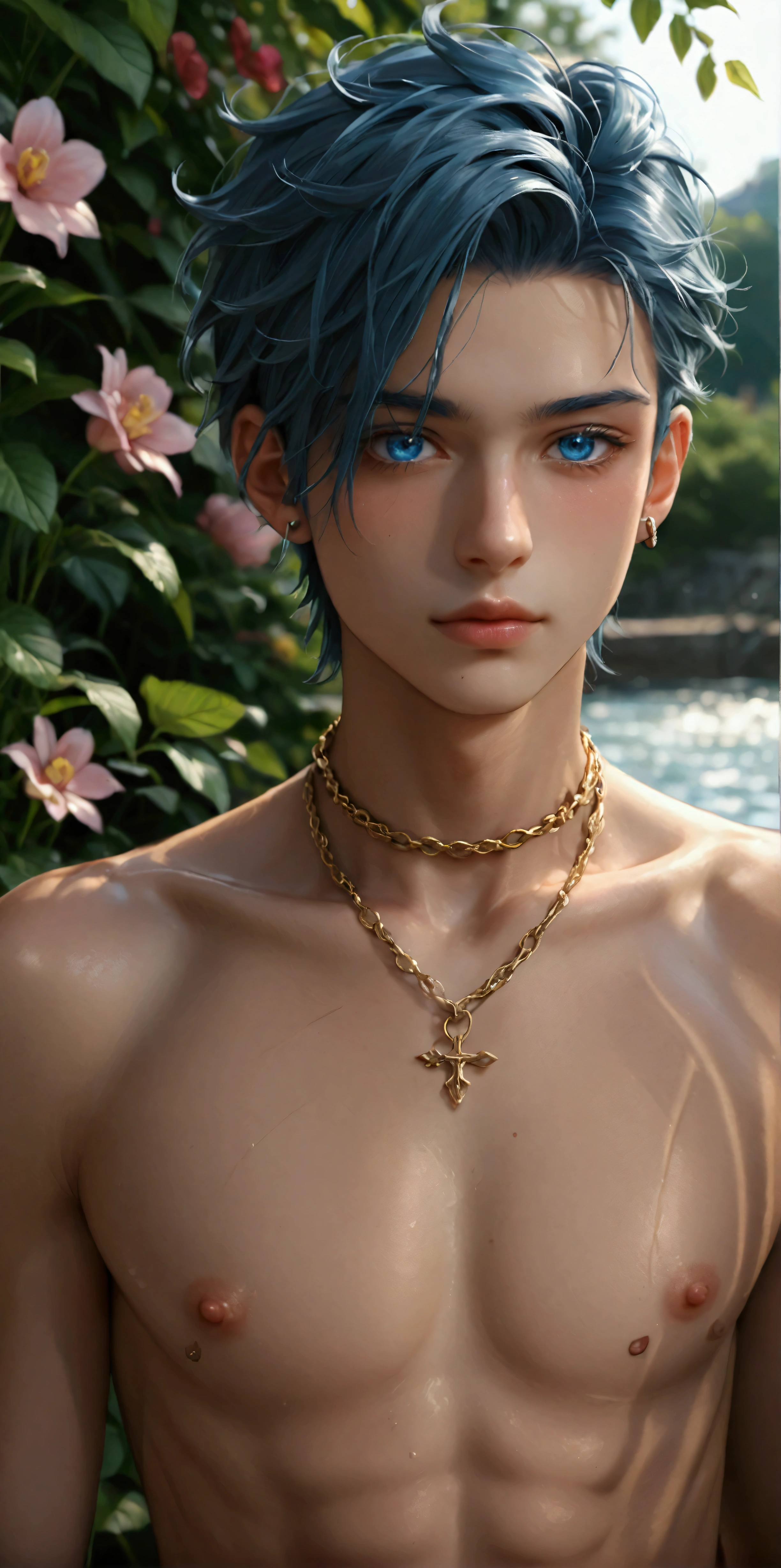 beautiful and skelt young anime man blue eye blond hair half body shot flowers in the background, twink, piercing, neck chain, sharp blue eye, naked body, niple piercing, erected niples, half body,